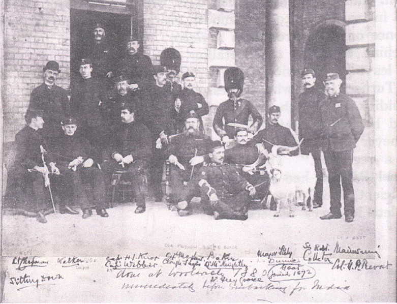 Officers of the 23rd Foot at Woolwich Barracks in 1880 with Col Prevost on far right next to regimental goat