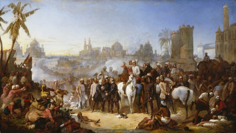 Painting titled The Relief of Lucknow 1857 by Thomas Jones Barkerby