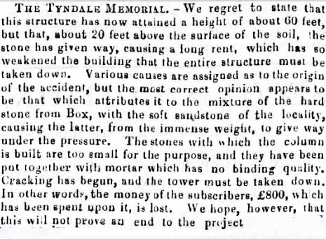 Newspaper cutting from Cardiff Gazette about structural problems