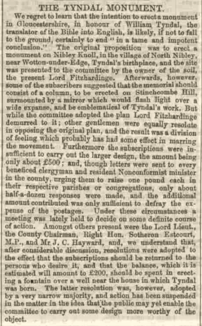 Newspaper article Dec 1861 Tyndale monument plans in trouble