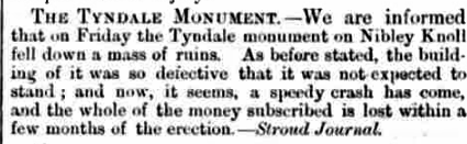 Newspaper item reporting the collapse of the Tyndale monument October 1863