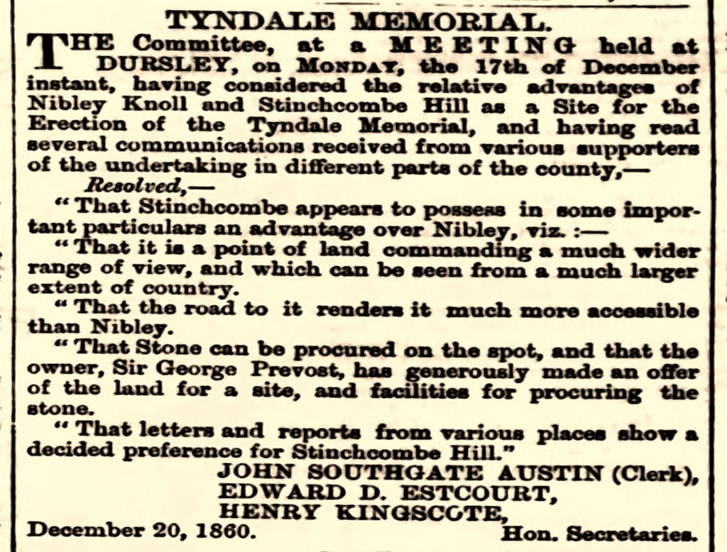 Newspaper cutting December 1860 about Committee's decision in favour of Stinchcombe Hill